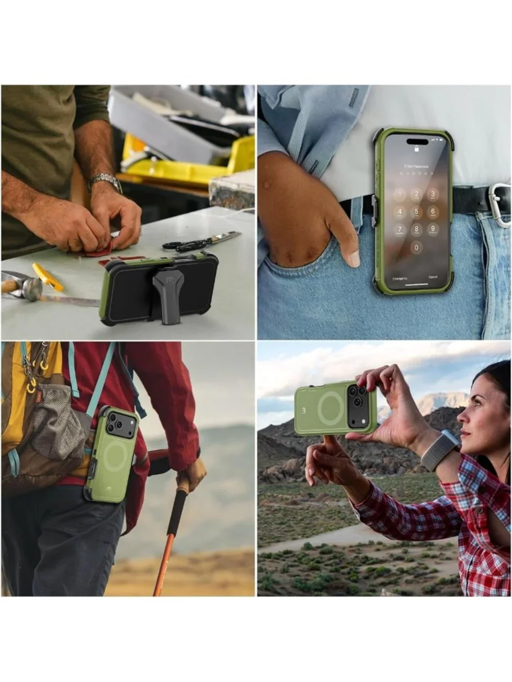 Army Green iPhone 17 Pro Max Case with Belt Clip, 360° Kickstand & Screen